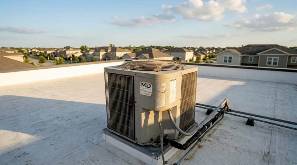 Outdoor HVAC compressor unit on rooftop