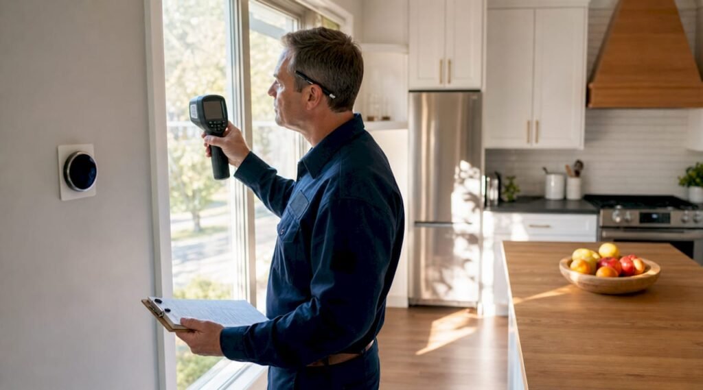 Energy auditor inspecting home window seals