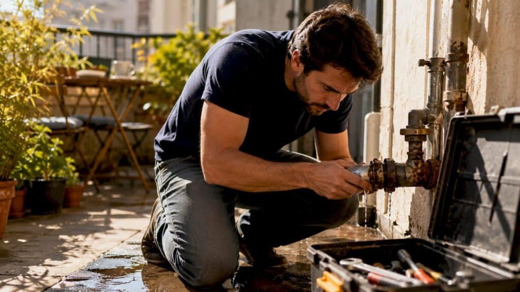 Homeowner inspecting burst kitchen pipe