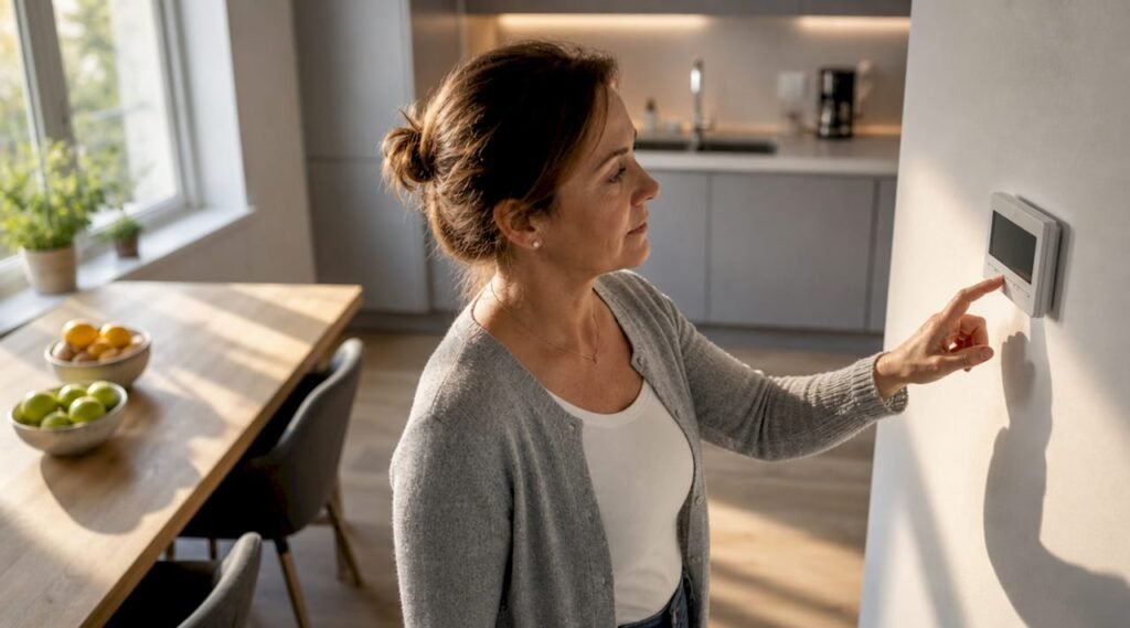 Woman adjusting home thermostat on wall
