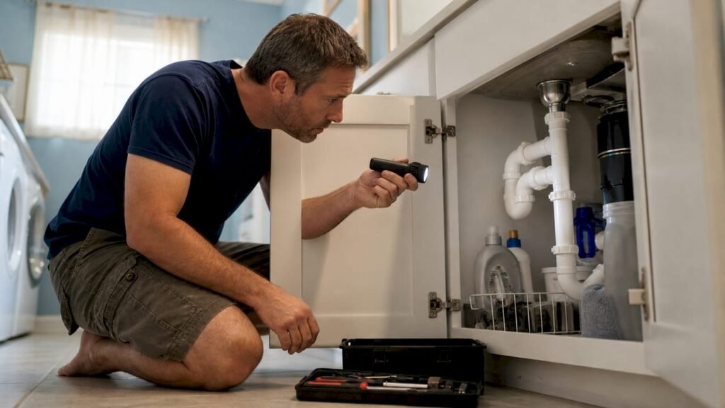 Homeowner inspecting leaking kitchen pipes