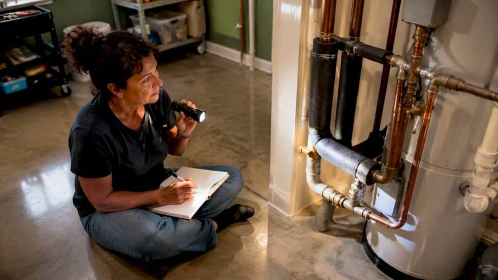 Homeowner inspecting foam pipe insulation in basement