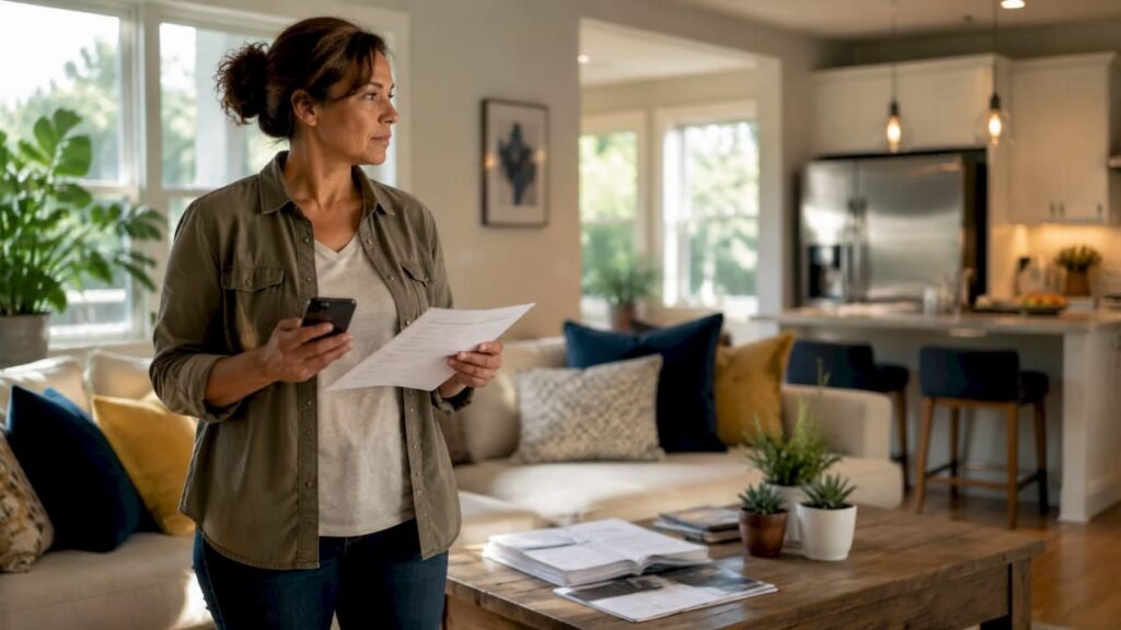 Woman reviewing checklist in home kitchen