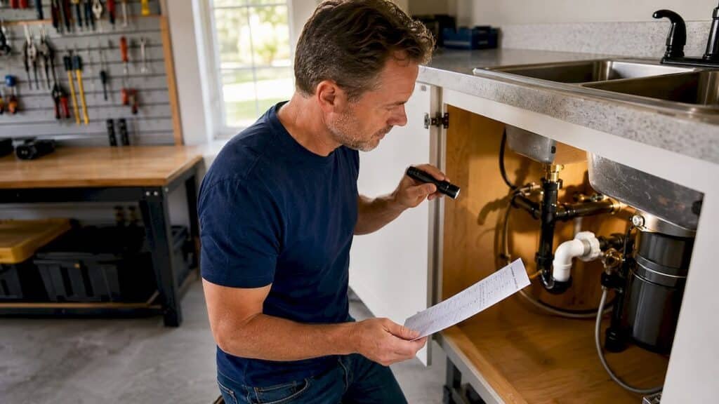 Homeowner inspecting basement plumbing pipes