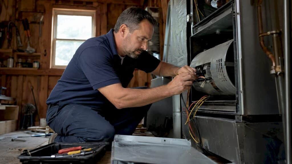 HVAC technician inspecting blower motor