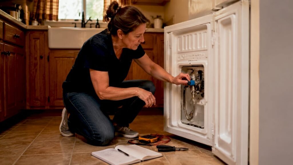 Woman checking freezer thermostat to diagnose ice maker