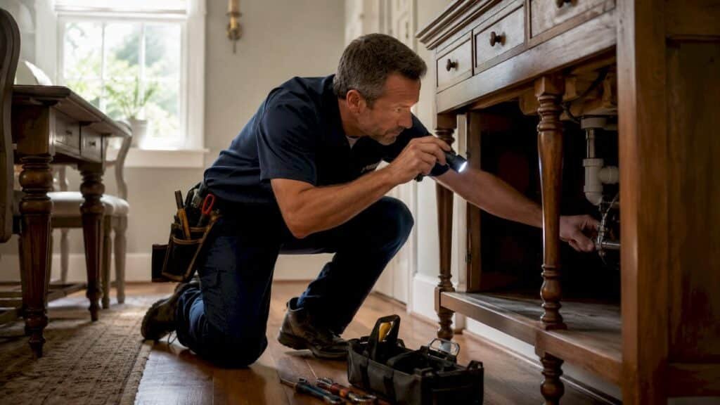 Licensed technician inspecting kitchen plumbing