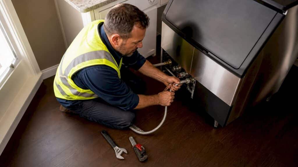 Electrician connecting water supply to ice machine