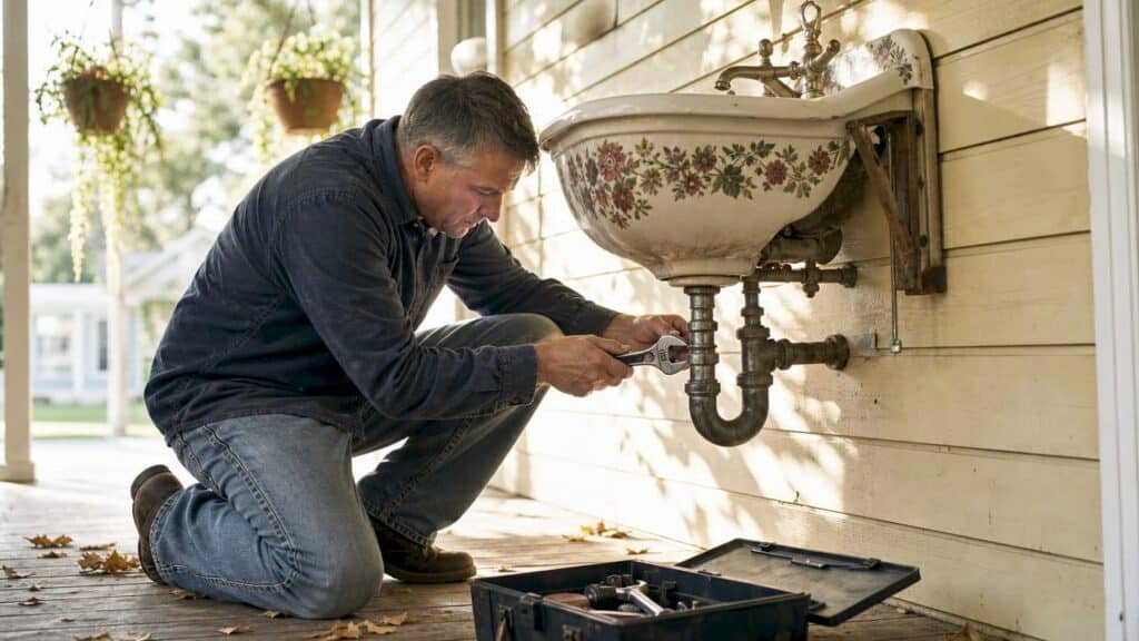 Man repairing home plumbing pipes under sink
