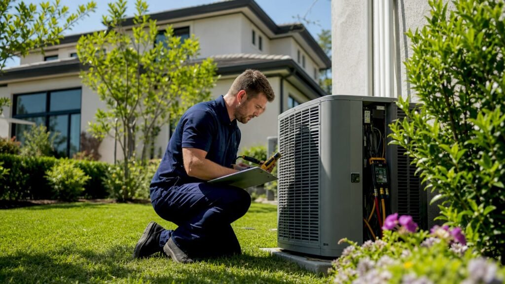 Technician inspecting residential HVAC outdoors