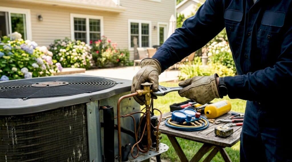 Close-up of HVAC technician installing expansion valve