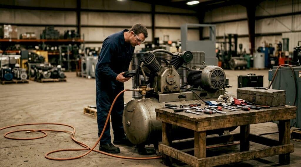 Technician inspecting large air compressor in factory