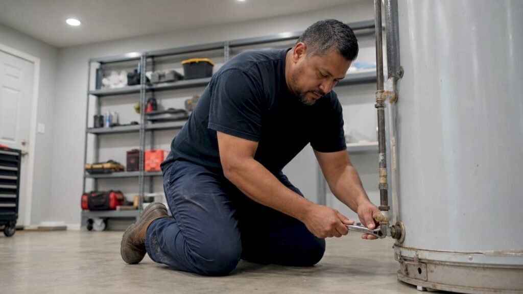 Man disconnecting residential water heater plumbing