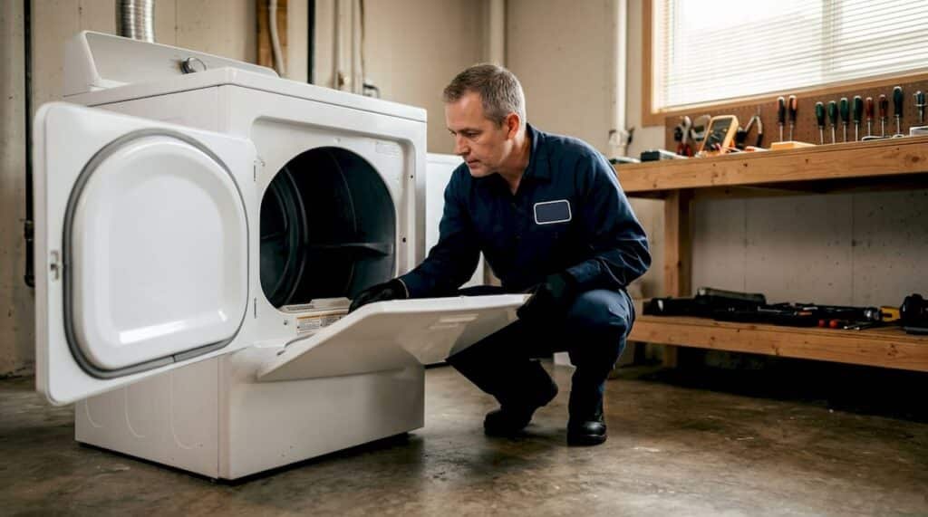 Technician troubleshooting home dryer heating issue