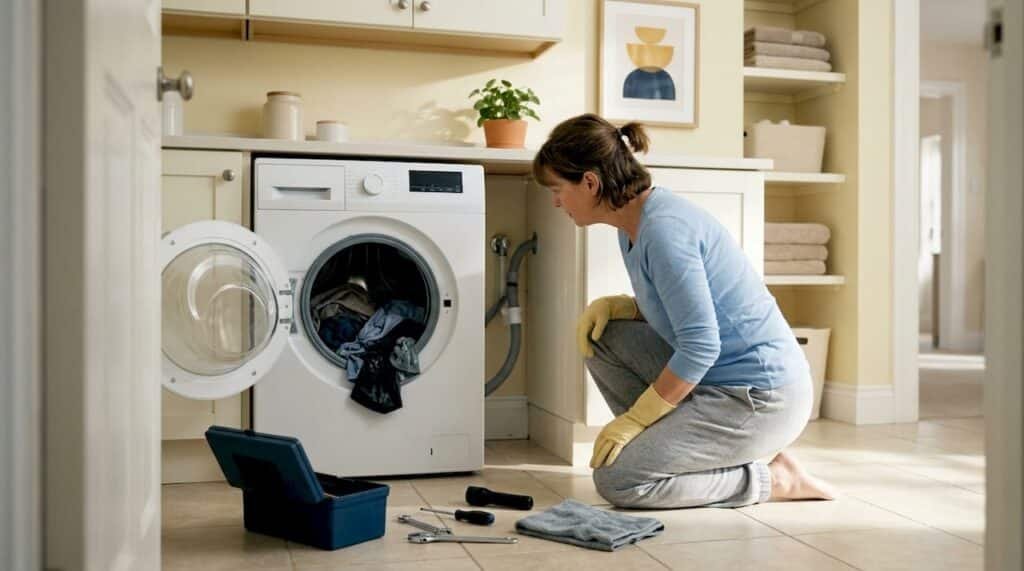 Person inspecting washing machine drain hose