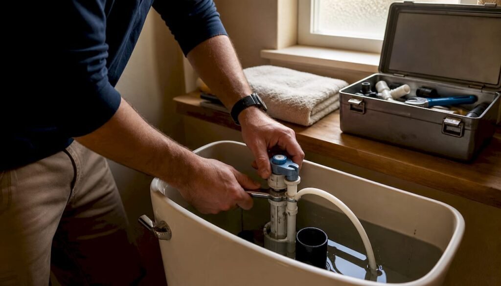 Hands adjusting toilet flapper valve inside tank