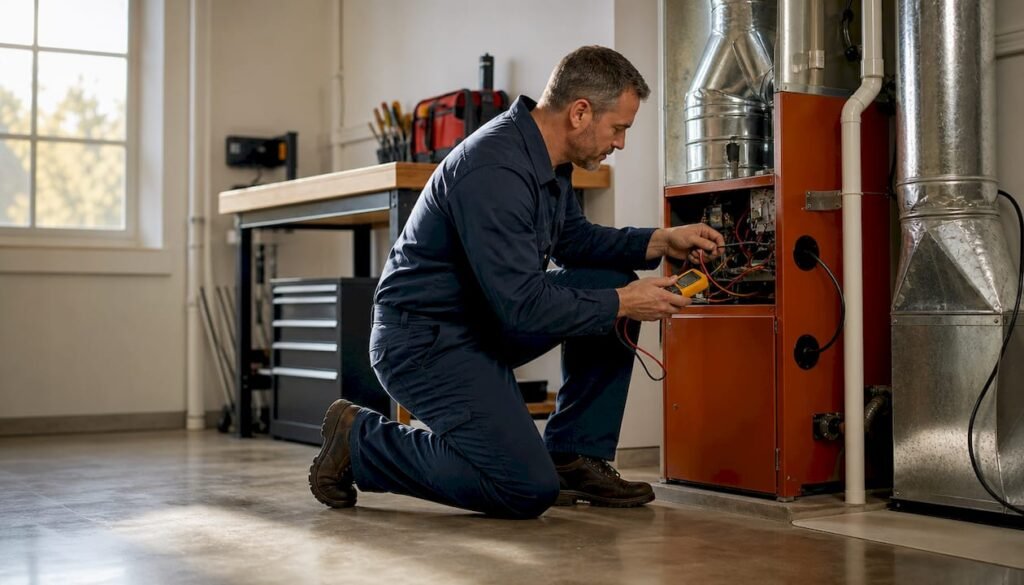 Technician inspecting furnace thermostat wiring