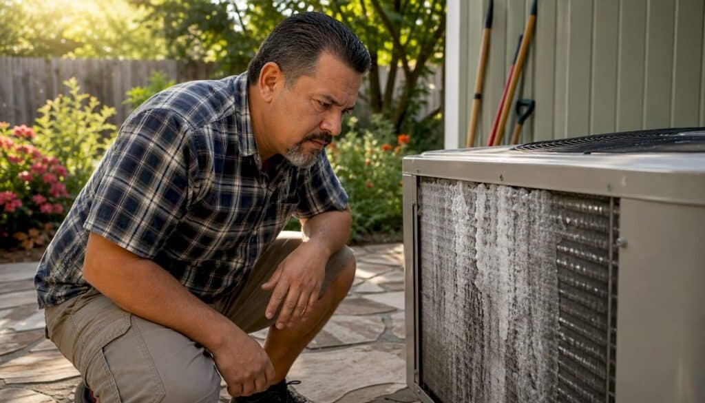 Man inspecting iced air conditioner unit outdoors