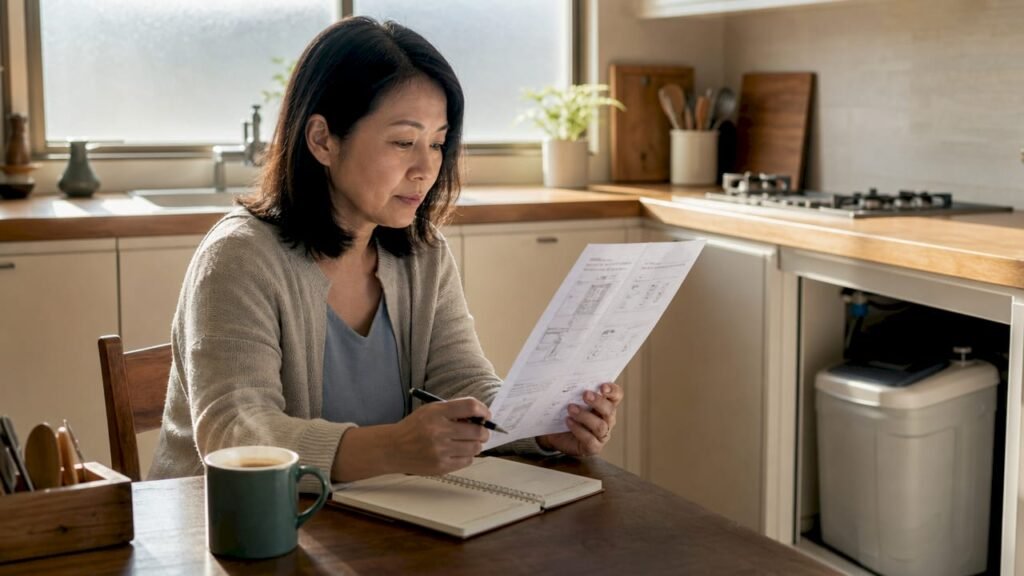 Woman reading water softener manual in kitchen