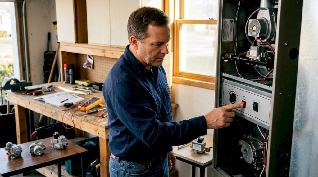 Technician resetting furnace control button
