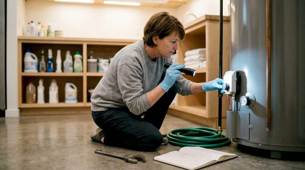 Homeowner inspecting water heater in basement