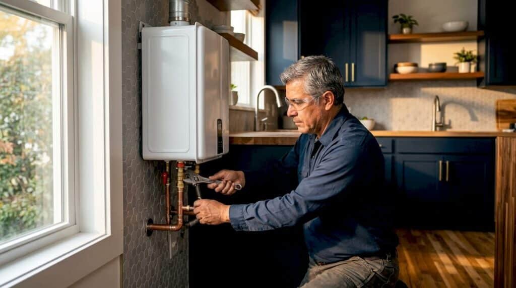 Man installing tankless water heater in basement