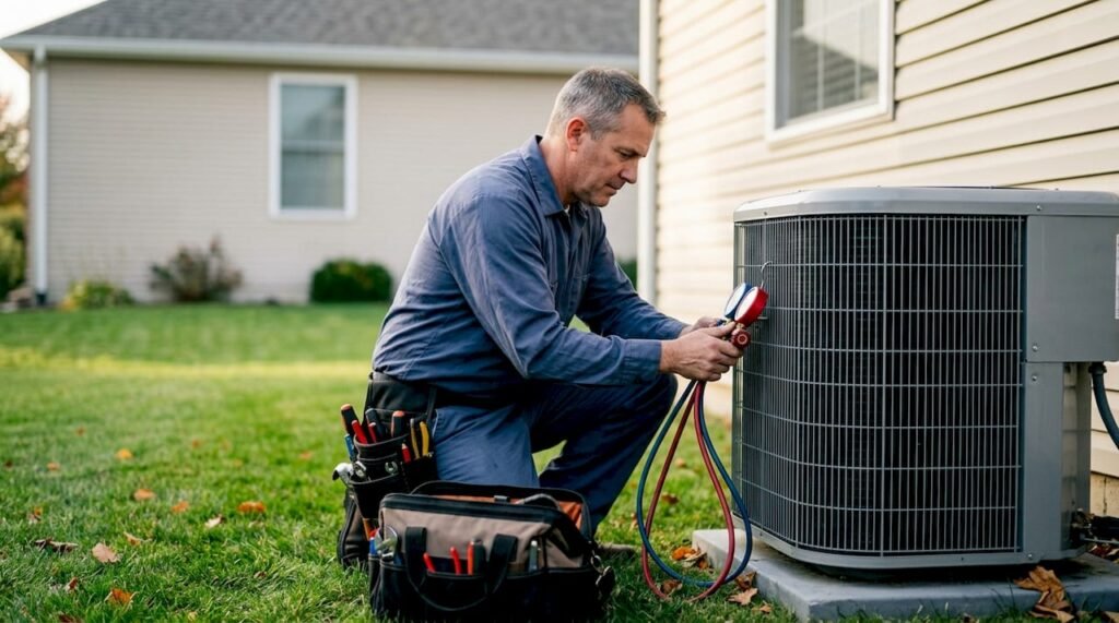 HVAC technician checking unit with tools outdoors
