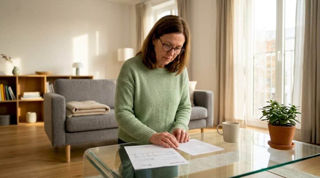 Woman reviewing home energy bill at kitchen table