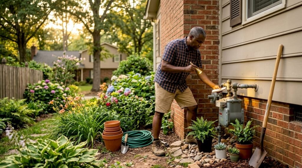 Homeowner inspecting natural gas meter outdoors