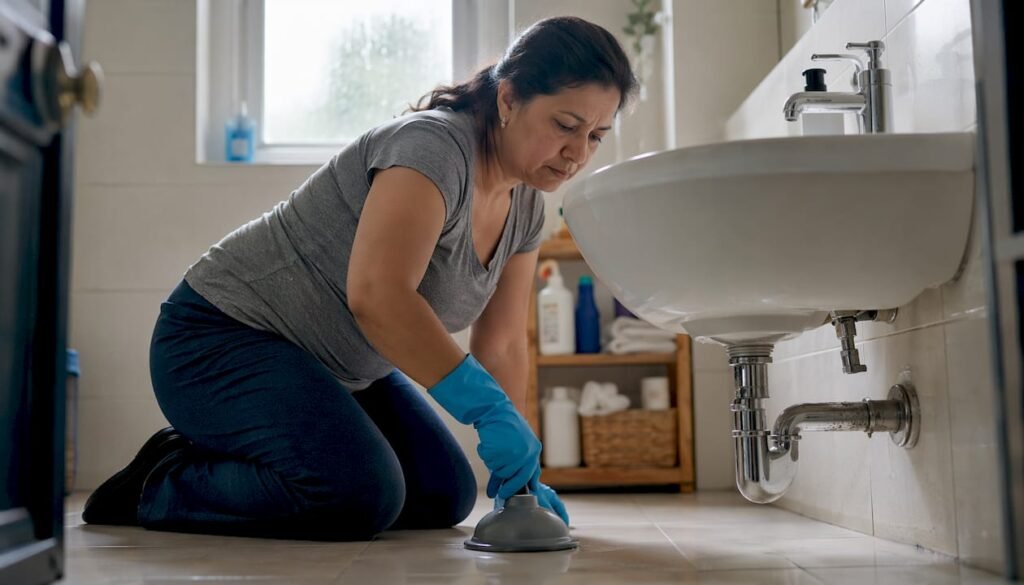 Homeowner plunging kitchen sink drain