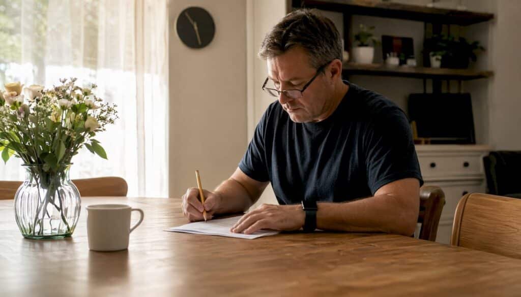 Homeowner reviewing maintenance checklist at kitchen table