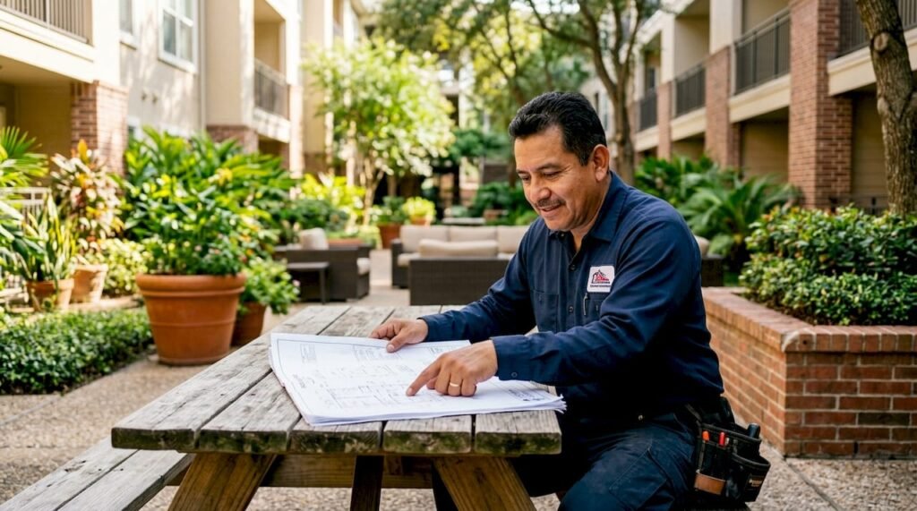 HVAC contractor reviewing multi-family building plans