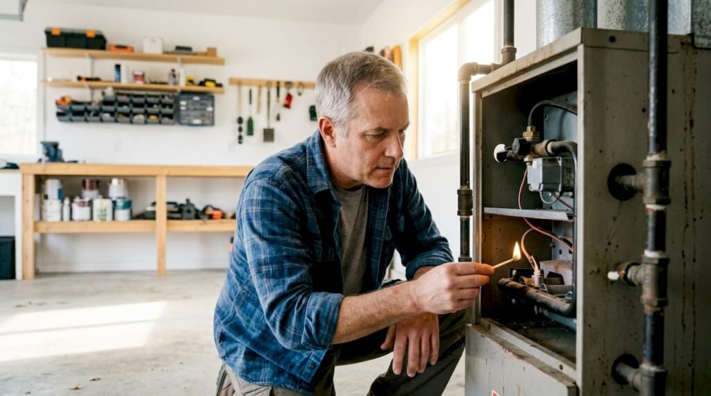 Homeowner inspecting furnace pilot light
