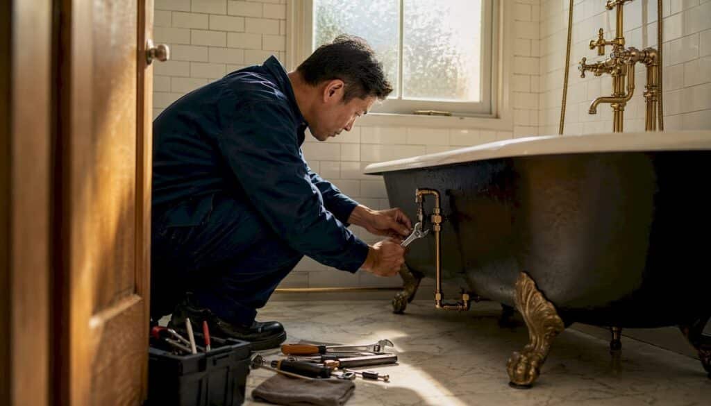 Plumber fixing kitchen sink pipes