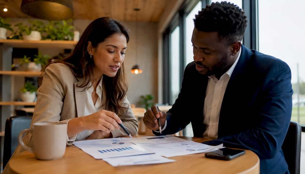 Two professionals reviewing plumbing service reports