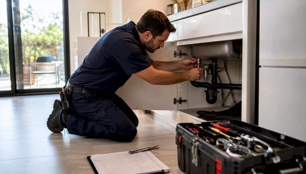 Plumber adjusting residential water valve outdoors