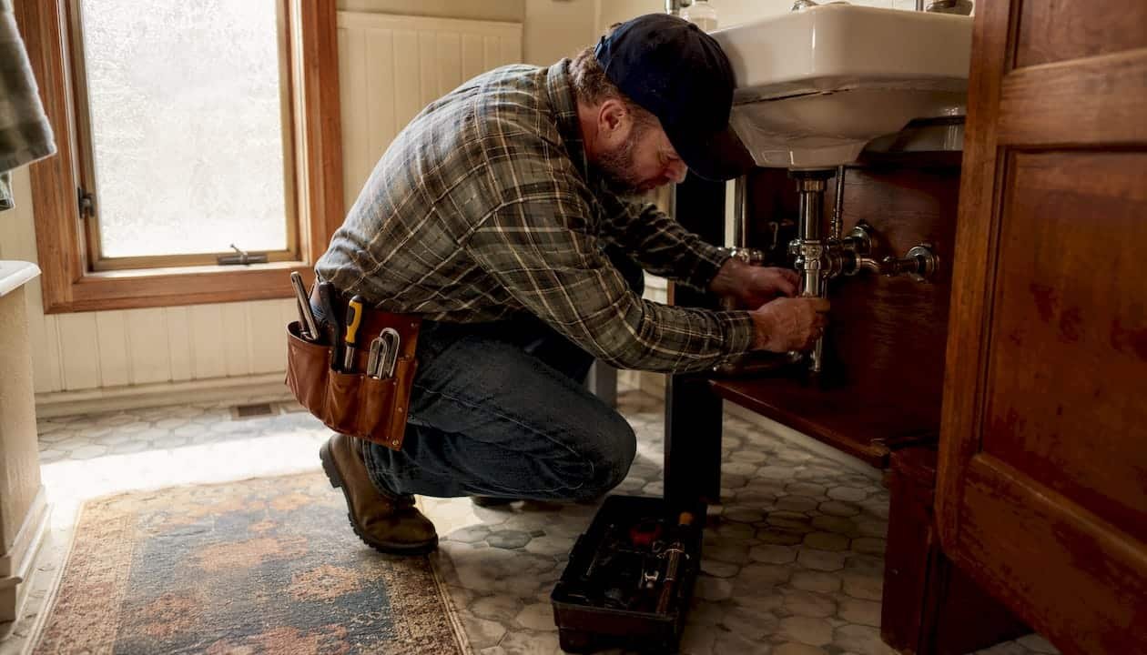 Texas plumber inspecting kitchen sink plumbing