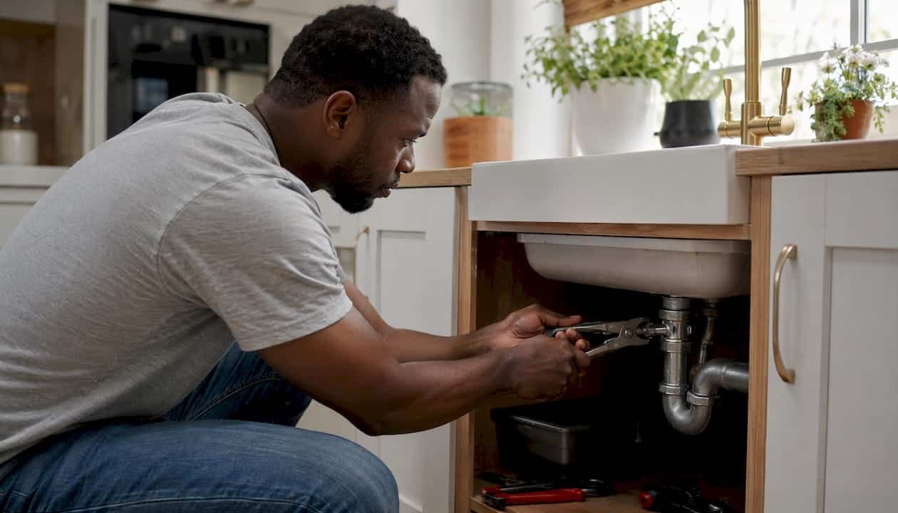 Hands tightening pipe under bathroom sink