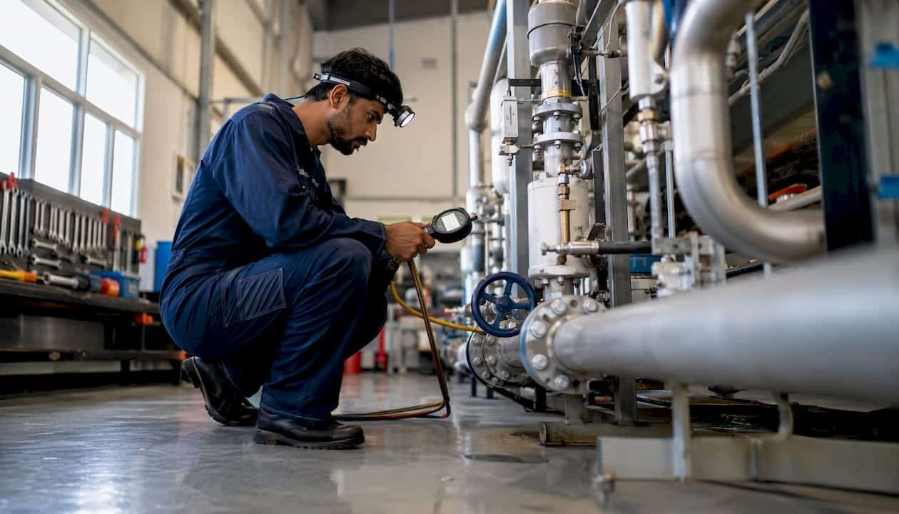 Plumber inspecting basement plumbing system