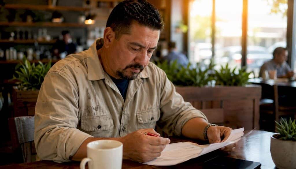 Plumber reviewing service documents at kitchen table