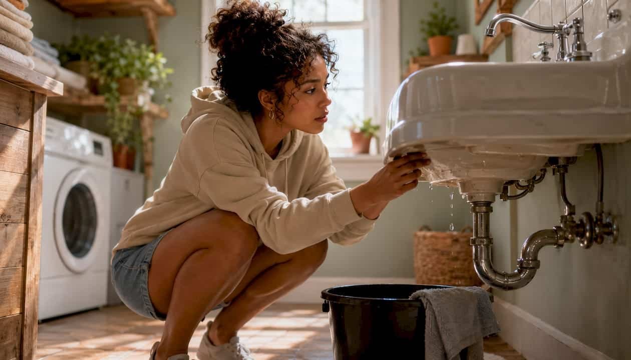 Woman checking leaking kitchen faucet