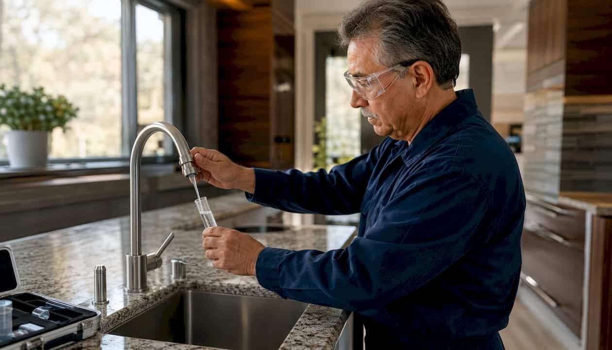 Plumber testing home water quality in utility room
