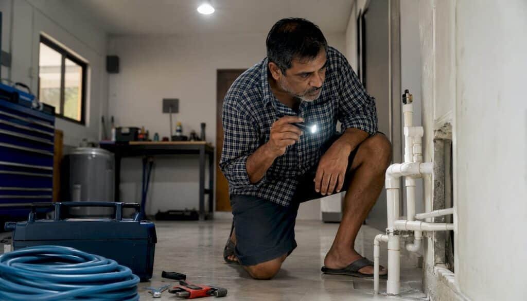 Plumber inspecting residential pipes in basement