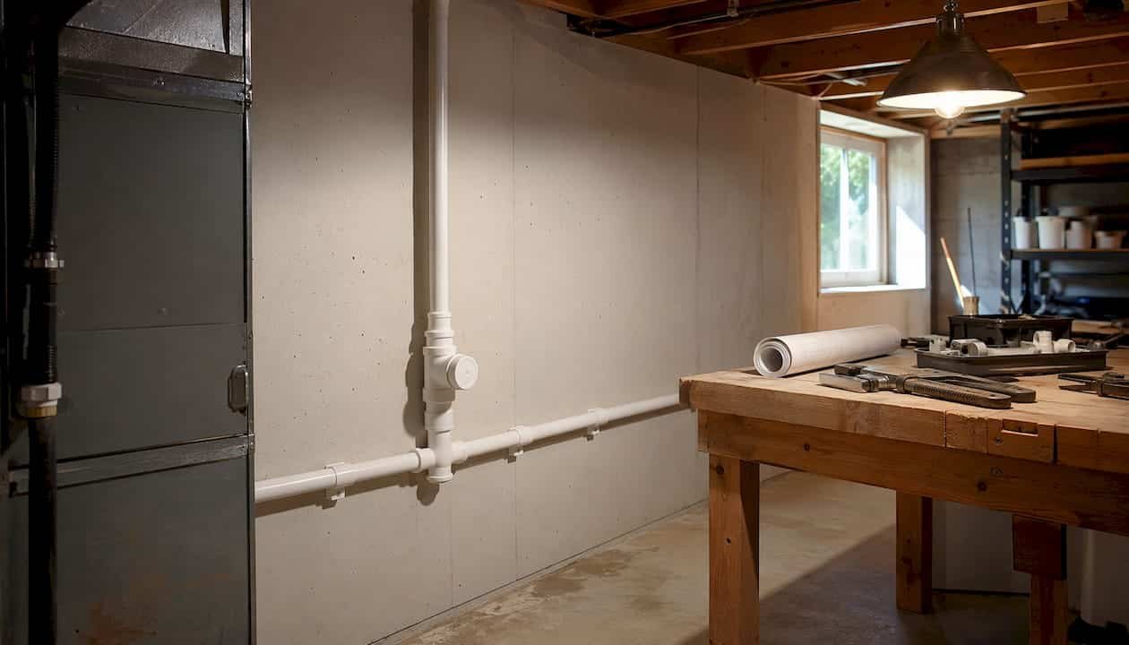 Close-up of condensate drain cleanout T-fitting inside home