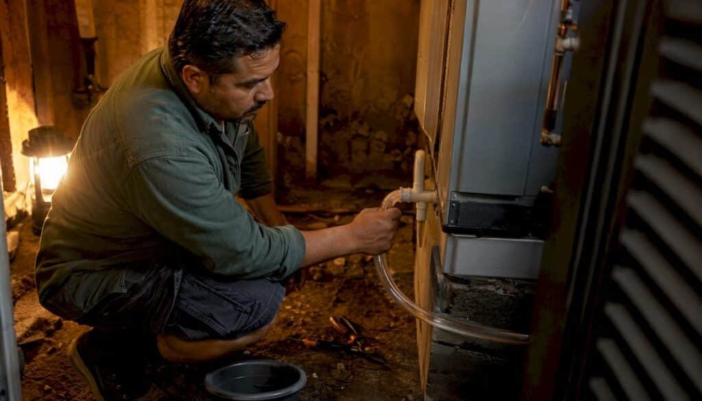 Man inspecting home HVAC condensate drain line in basement