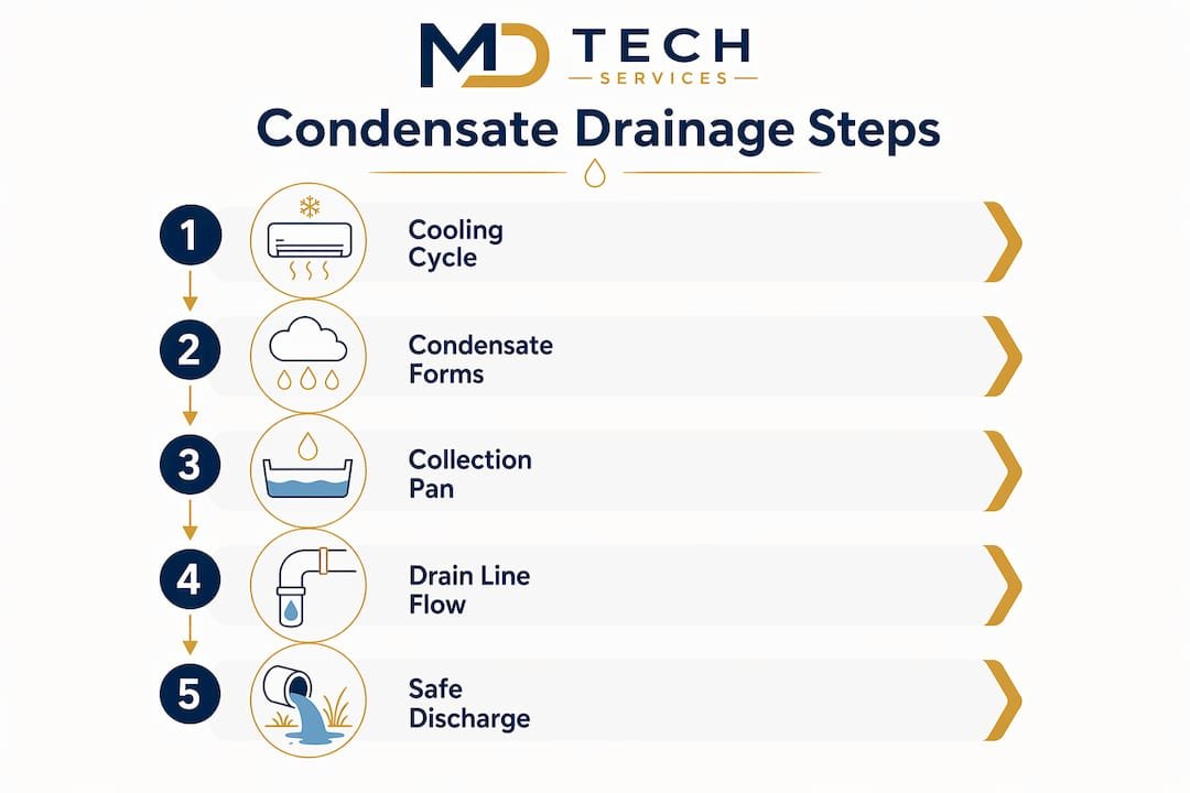 Infographic outlining condensate drainage step-by-step process