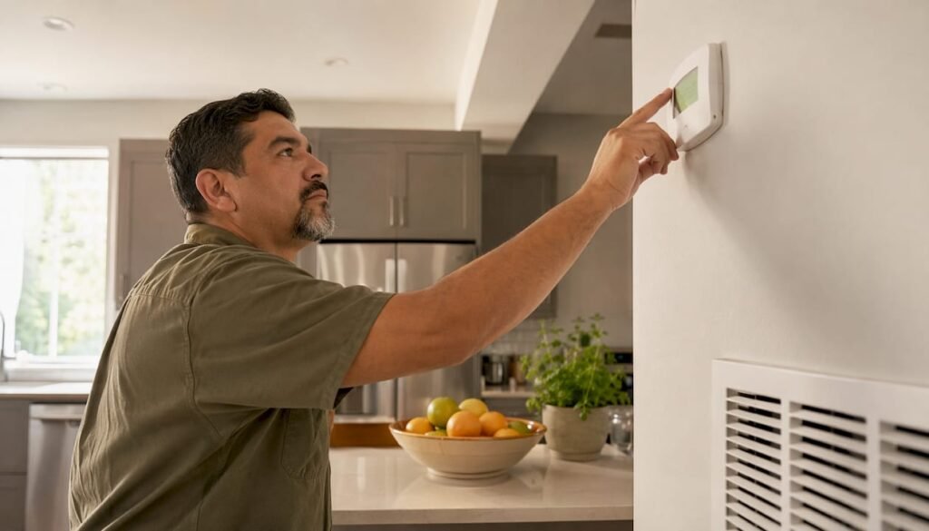 Man adjusting thermostat for energy savings