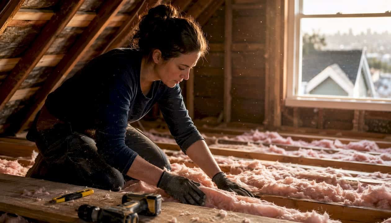 Woman installing attic insulation in home