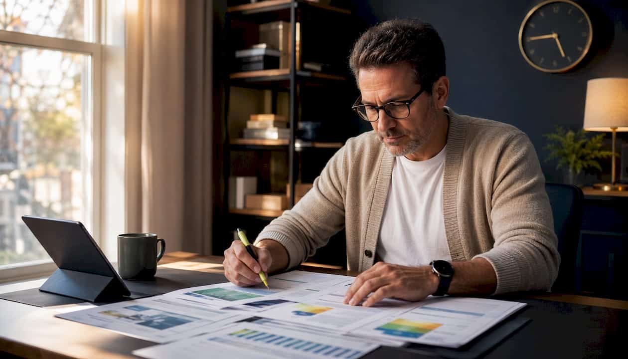 Homeowner reviewing energy audit papers at table