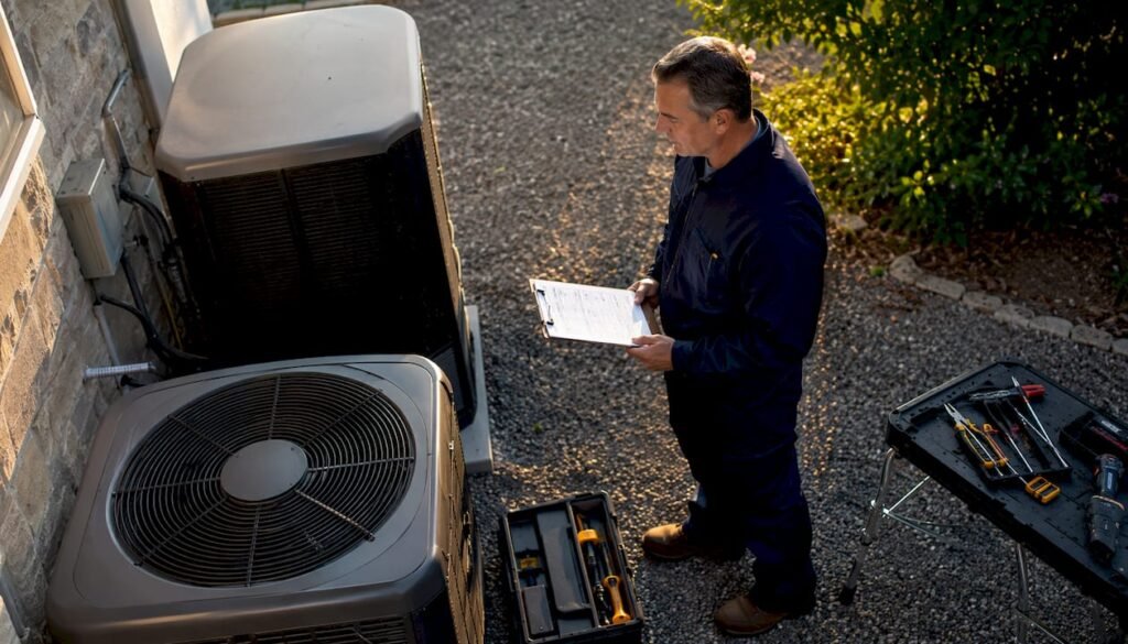 HVAC technician inspecting dual fuel system outdoors